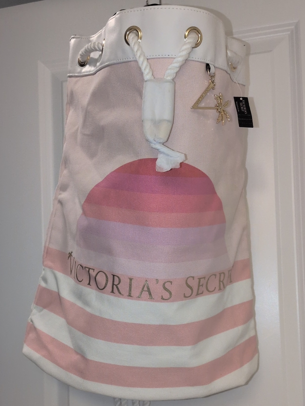 Victoria's Secret Pink & White Striped Rope-Top Tote with Gold Charm NWT